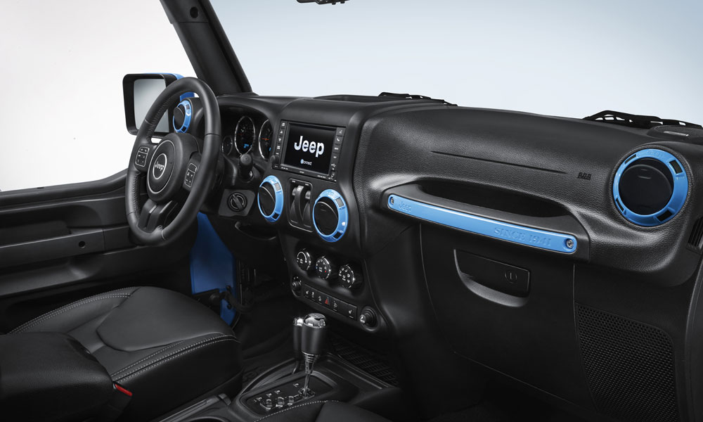 The interior of the Jeep Wrangler Rubicon with the Mopar ONE package  includes Blue Chief accents. | Stellantis Blog
