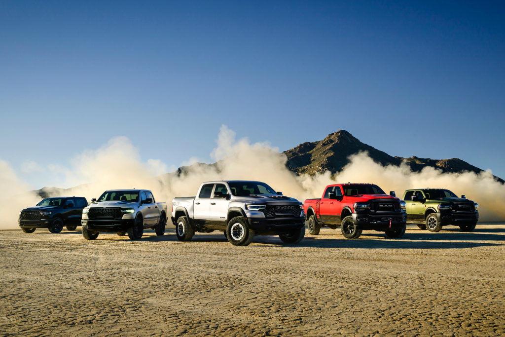 RAM 1500 Laramie, TRX, Rebel, Power Wagoon and other trims lined up in the desert